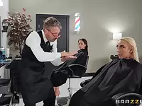 Barbershop hard sex with two naughty chicks on fire